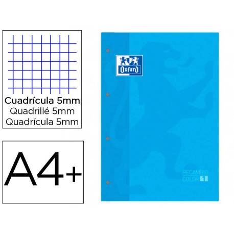 Recambio color 1 oxford din a4+ 80 hojas 90 gr cuadro 5 mm 4 taladros turquesa.