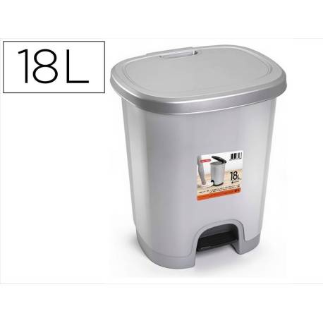 PAPELERA CONTENEDOR PLASTICFORTE PLASTICO CON TAPADERA Y PEDAL 18 LITROS COLOR PLATA 330X280X405 MM