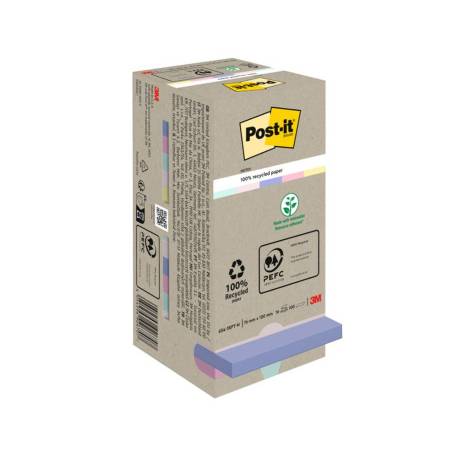 BLOC DE NOTAS ADHESIVAS QUITA Y PON POST-IT 76X76 MM 100% RECICLADO PEFC EN TORRE PACK DE 16 UNIDADES COLORES