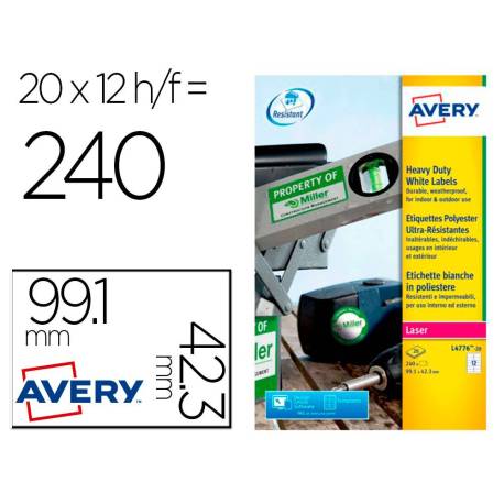 ETIQUETA ADHESIVA AVERY POLIESTER BLANCO PARA IMPRESORA LASER 99,1X42,3 MM CAJA DE 240 UNIDADES