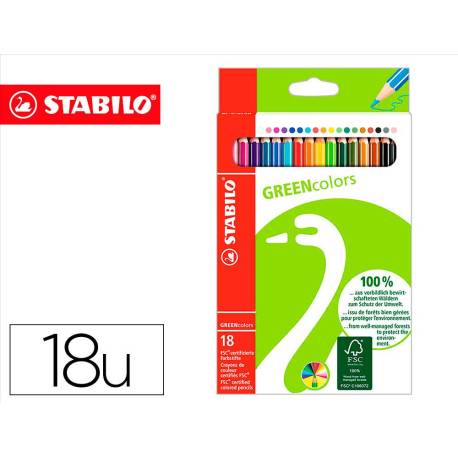LAPICES DE COLORES STABILO GREEN COLORS CON CERTIFICADO FSC ESTUCHE CARTON DE 18 UNIDADES COLORES SURTIDOS