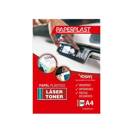 PAPEL PLASTICO YOSAN PAPERPLAST POLIESTER BLANCO BRILLO DIN A4 120 MC IMPRIMIBLE PAQUETE DE 50 HOJAS