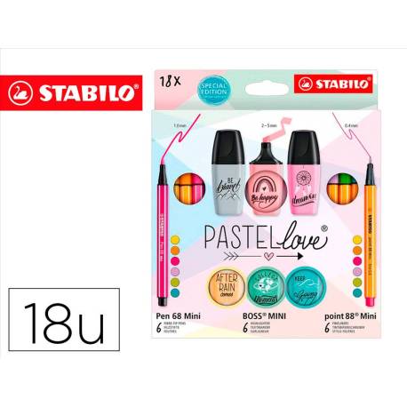 SET STABILO PASTEL LOVE MINI WORLD PEN 68 / POINT 88 / BOSS 18 UNIDADES SURTIDAS