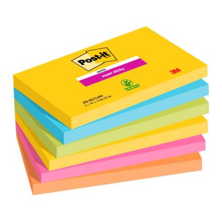 BLOC DE NOTAS ADHESIVAS QUITA Y PON POST IT SUPER STICKY CARNIVAL 100% PEFC 76X127 MM PACK DE 6 BLOCS COLORES