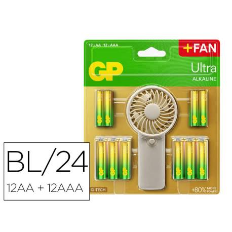PILA GP ULTRA ALCALINA BLISTER DE 12 UNIDADES AA + 12 UNIDADES AAA + VENTILADOR DE MANO