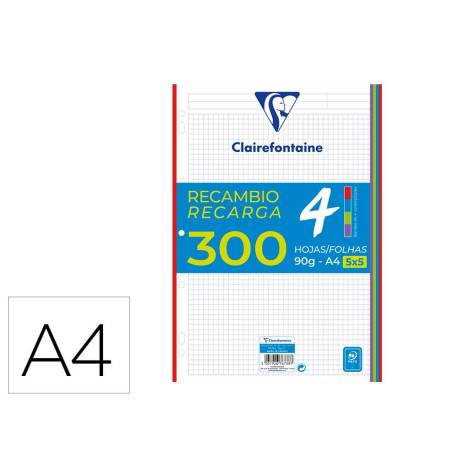 RECAMBIO CLAIREFONTAINE DIN A4 300 HOJAS 90 GR CUADRO 5 MM CON BANDAS DE 5 COLORES VIVOS