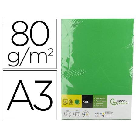 PAPEL COLOR LIDERPAPEL DIN A3 80 GR VERDE INTENSO PAQUETE DE 500 HOJAS